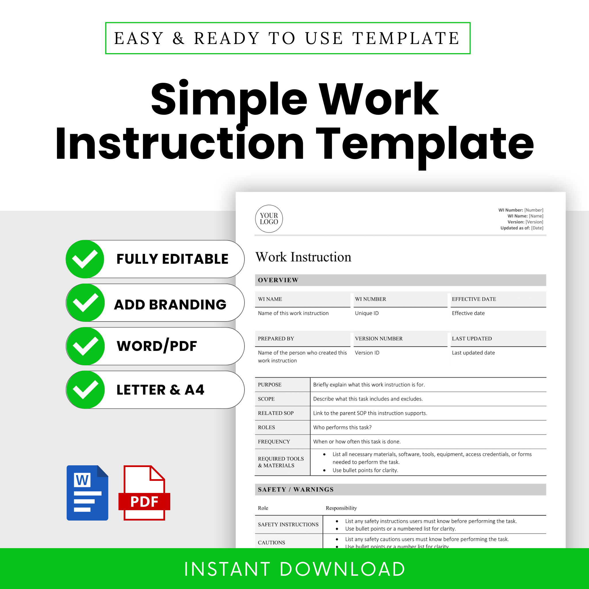 Simple Work Instruction Template (Word, PDF) – QuickBizDocs