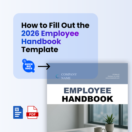 Cover image for a guide titled “How to Fill Out the 2026 Employee Handbook Template,” showing a preview of the employee handbook document alongside QuickBizDocs branding and icons indicating Word and PDF formats.