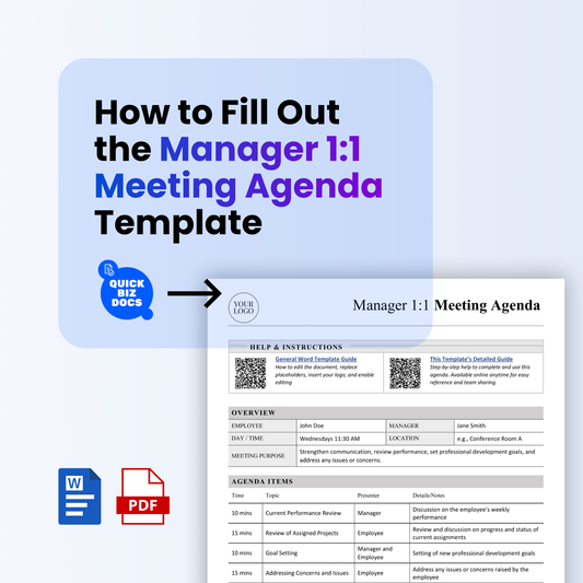 Blog graphic for how to fill out a manager 1:1 meeting agenda template, featuring QuickBizDocs branding, Word and PDF icons, and a preview of the editable one-on-one meeting agenda document.