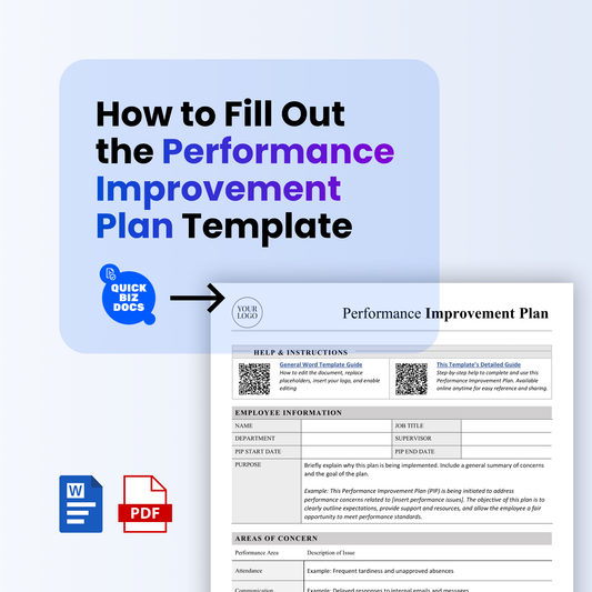 QuickBizDocs blog image for how to fill out a Performance Improvement Plan template, featuring a PIP document preview and Word and PDF file icons.