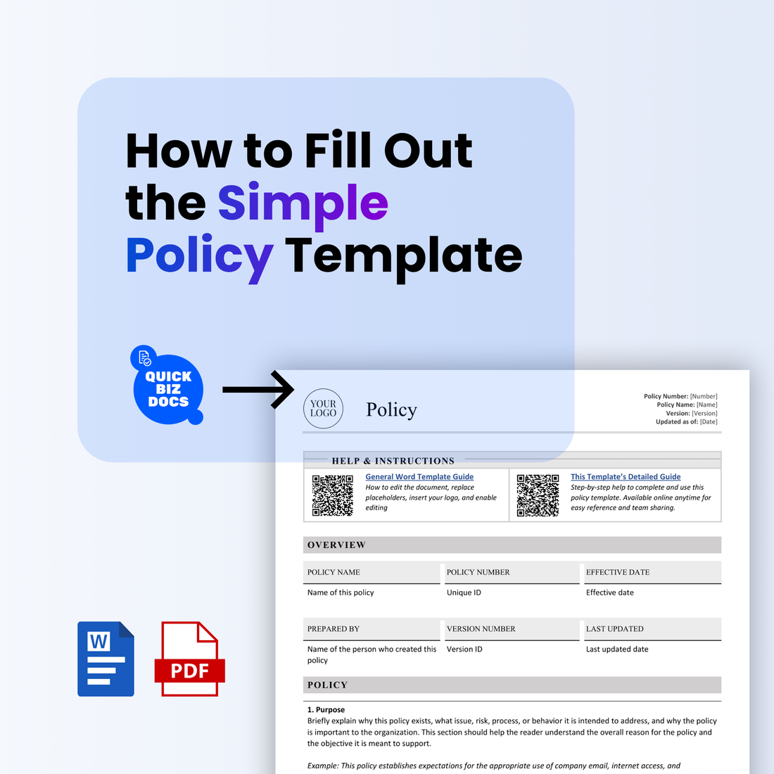 QuickBizDocs blog thumbnail for a simple policy template guide, featuring the title “How to Fill Out the Simple Policy Template,” a preview of the editable policy template, and Word and PDF file icons.