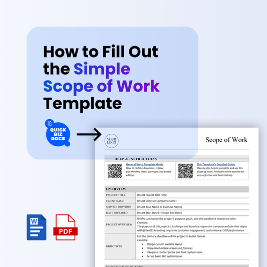 How to fill out a simple Scope of Work template graphic with QuickBizDocs branding, document preview, and icons for Word and PDF formats