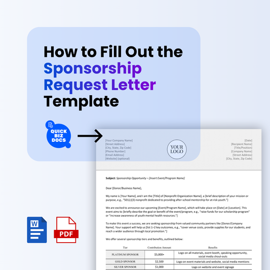 Graphic titled “How to Fill Out the Sponsorship Request Letter Template” with QuickBizDocs branding, a preview of the letter template, and icons indicating the file is available in Word and PDF formats.
