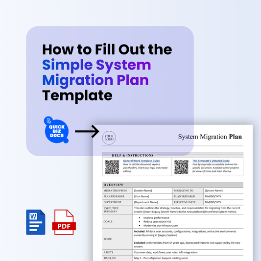 Graphic titled “How to Fill Out the Simple System Migration Plan Template” with QuickBizDocs branding, showing a preview of the template and icons indicating the file is available in Word and PDF formats.