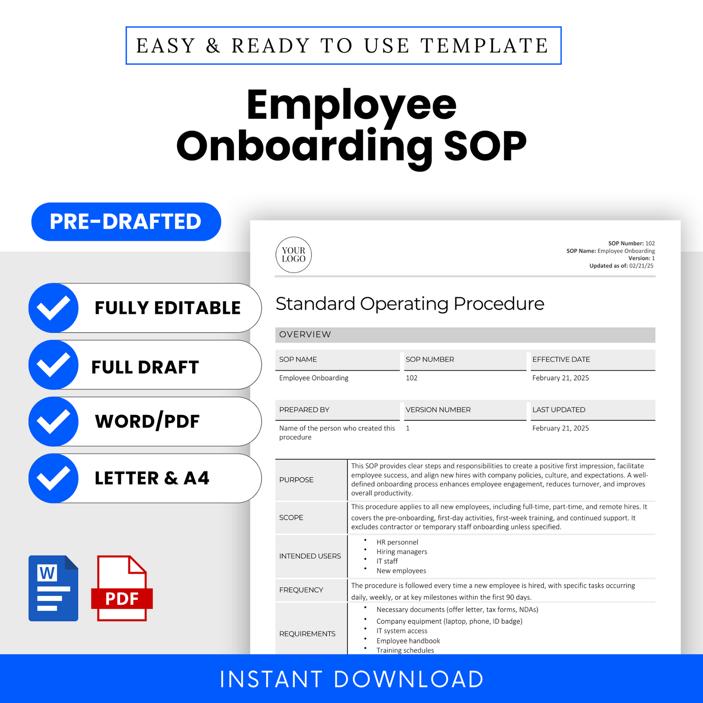 Employee Onboarding SOP Template (Word & PDF) – Simple Standard Operating Procedure Template