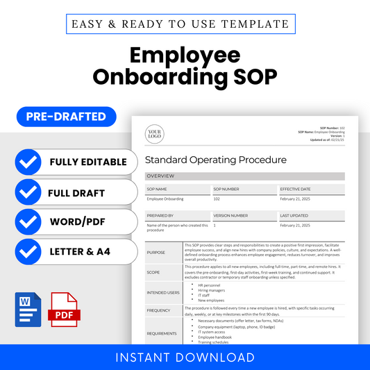 Employee Onboarding SOP Template (Word & PDF) – Simple Standard Operating Procedure Template