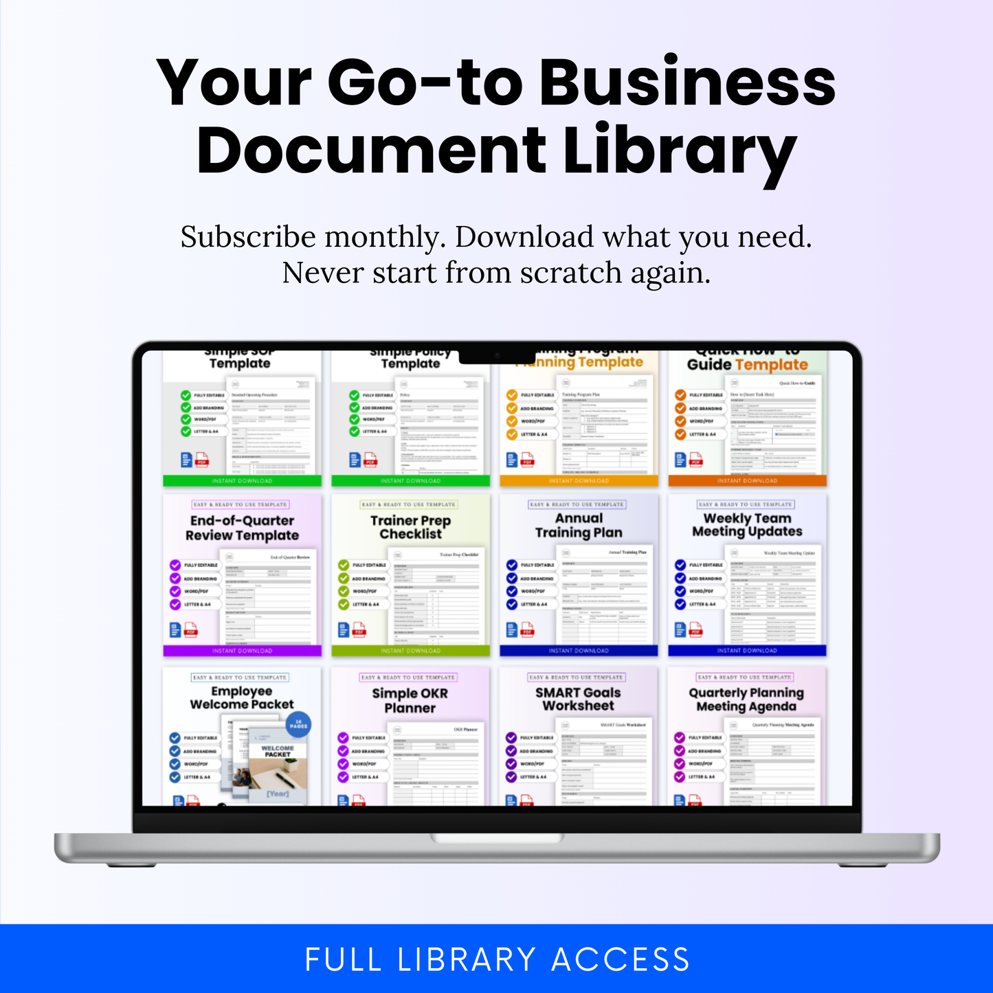 QuickBizDocs go-to business document library with monthly subscription access to downloadable editable templates for business operations and admin needs