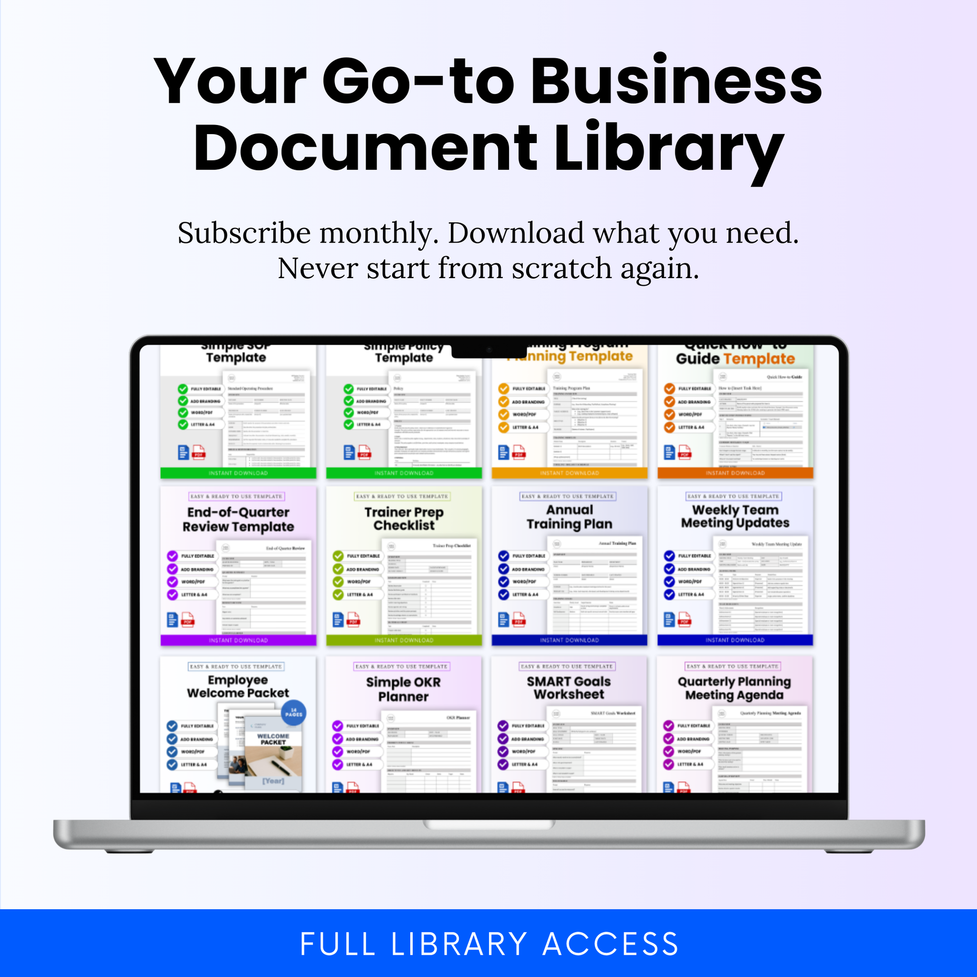 QuickBizDocs go-to business document library with monthly subscription access to downloadable editable templates for business operations and admin needs
