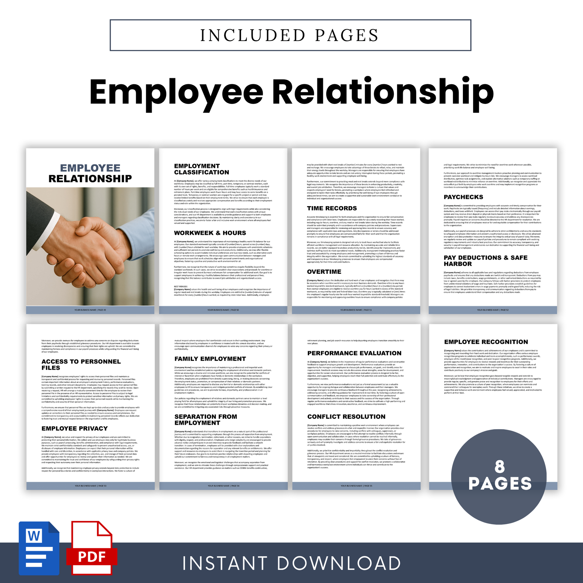 Employee relations handbook template with policies on performance reviews, payroll, conflict resolution, and workplace expectations, HR management document