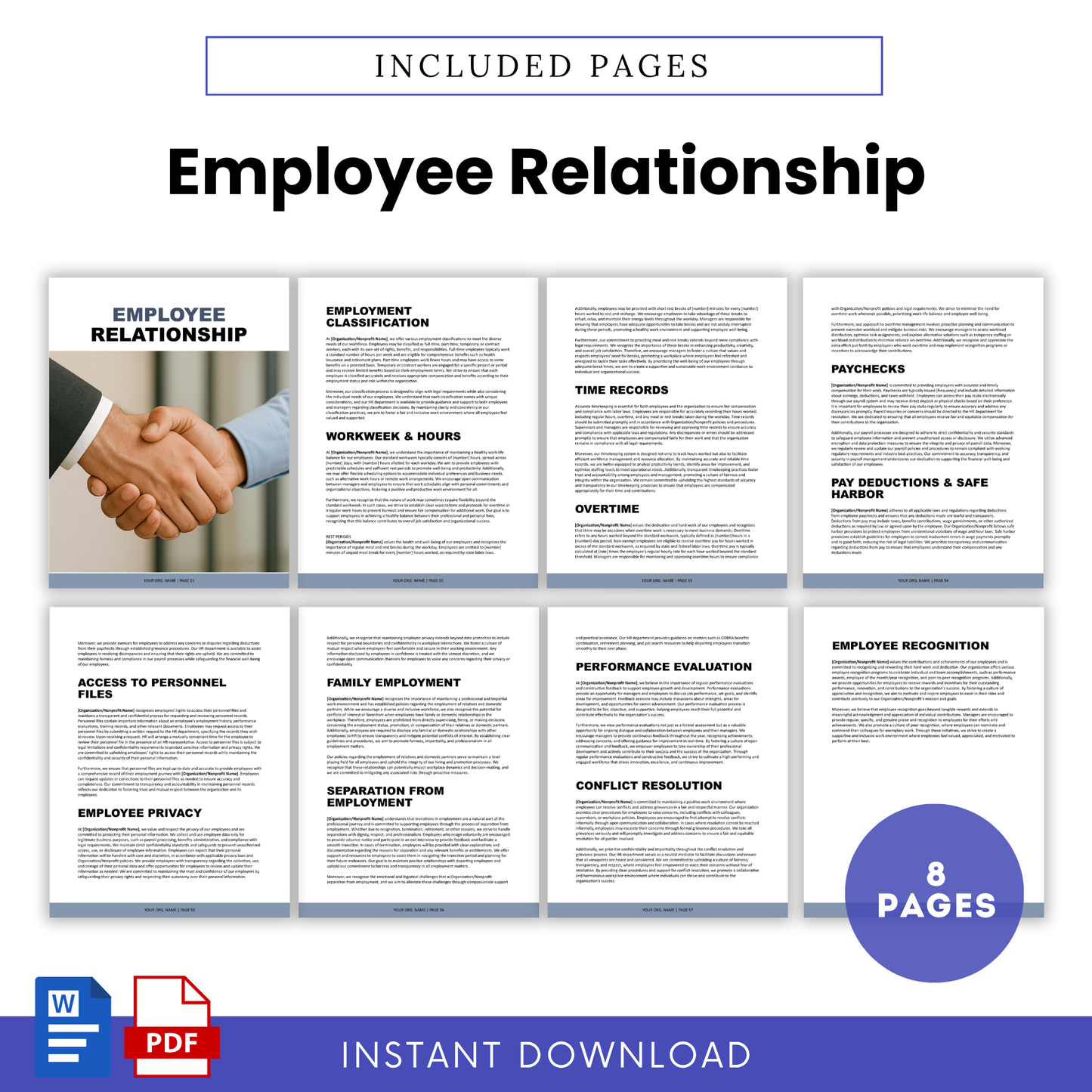 Employee relationship section covering performance expectations, payroll information, workplace conduct, and conflict resolution policies