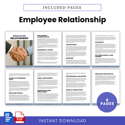 Employee relationship section covering performance expectations, payroll information, workplace conduct, and conflict resolution policies