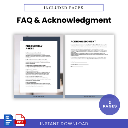 Frequently asked questions and acknowledgment form pages for employees to review policies and provide signed confirmation