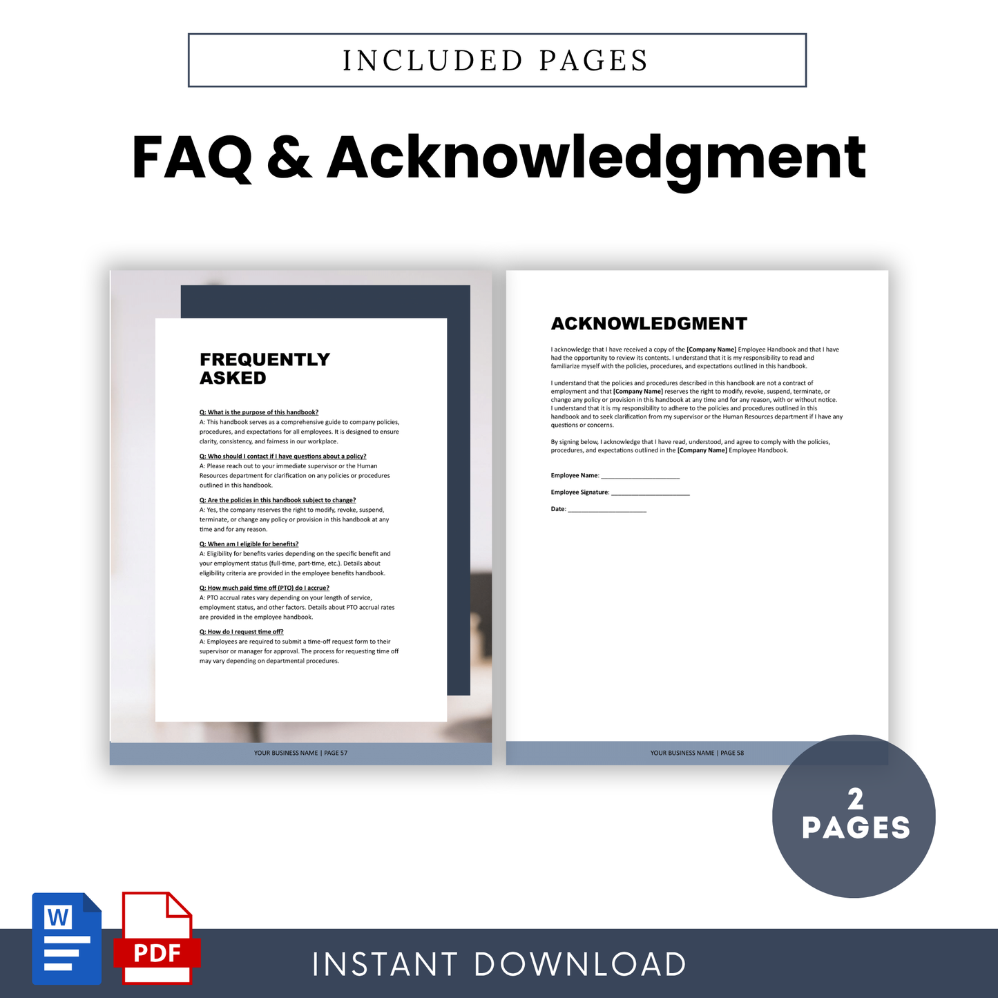 Employee handbook FAQ and acknowledgment form template with signature section, HR compliance document for onboarding and policy confirmation