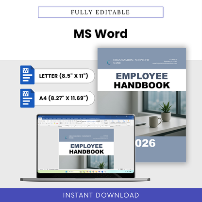Fully editable Microsoft Word version of the employee handbook template, designed for easy customization with your organization’s branding