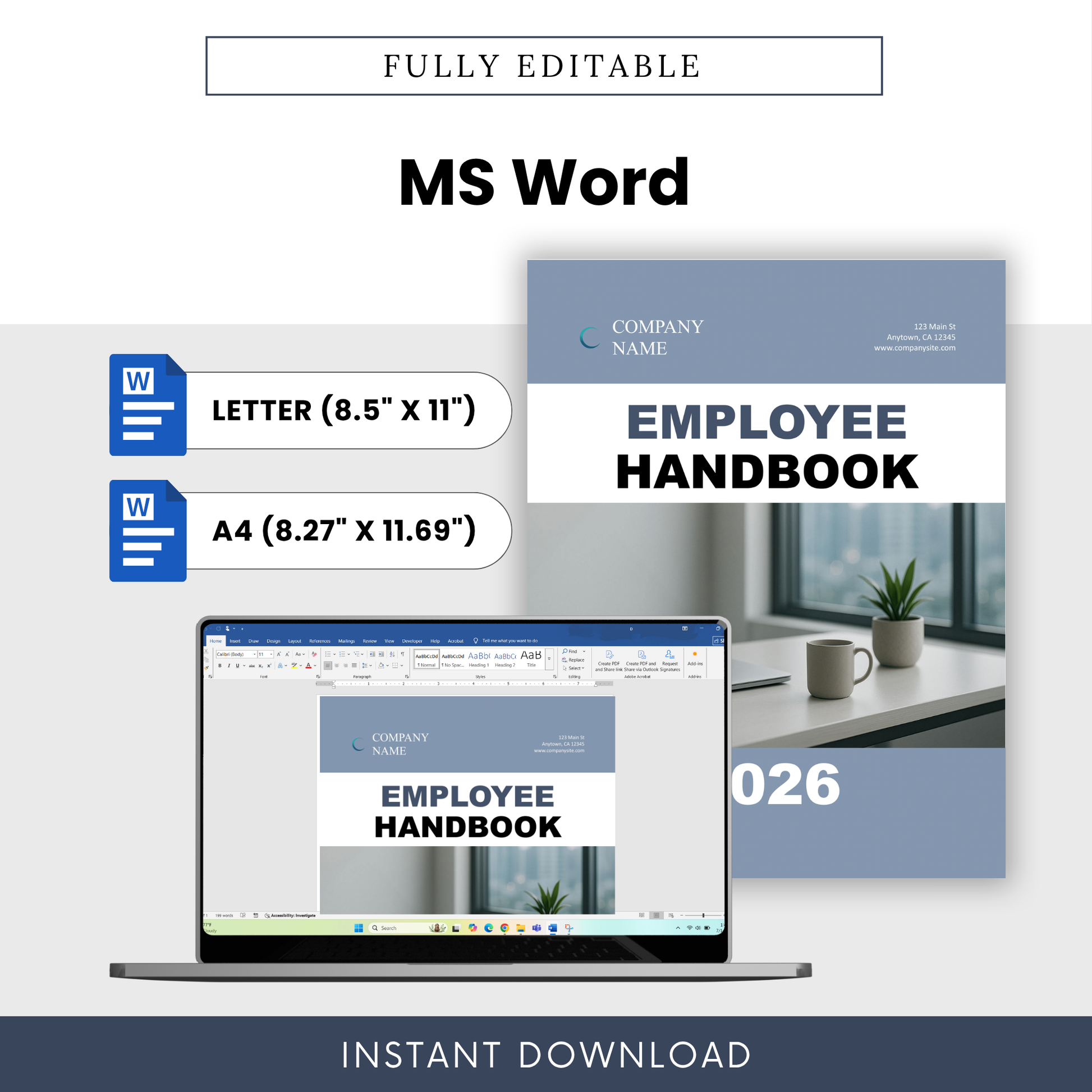 Editable employee handbook template in Microsoft Word format with letter and A4 sizes, customizable business HR document for companies