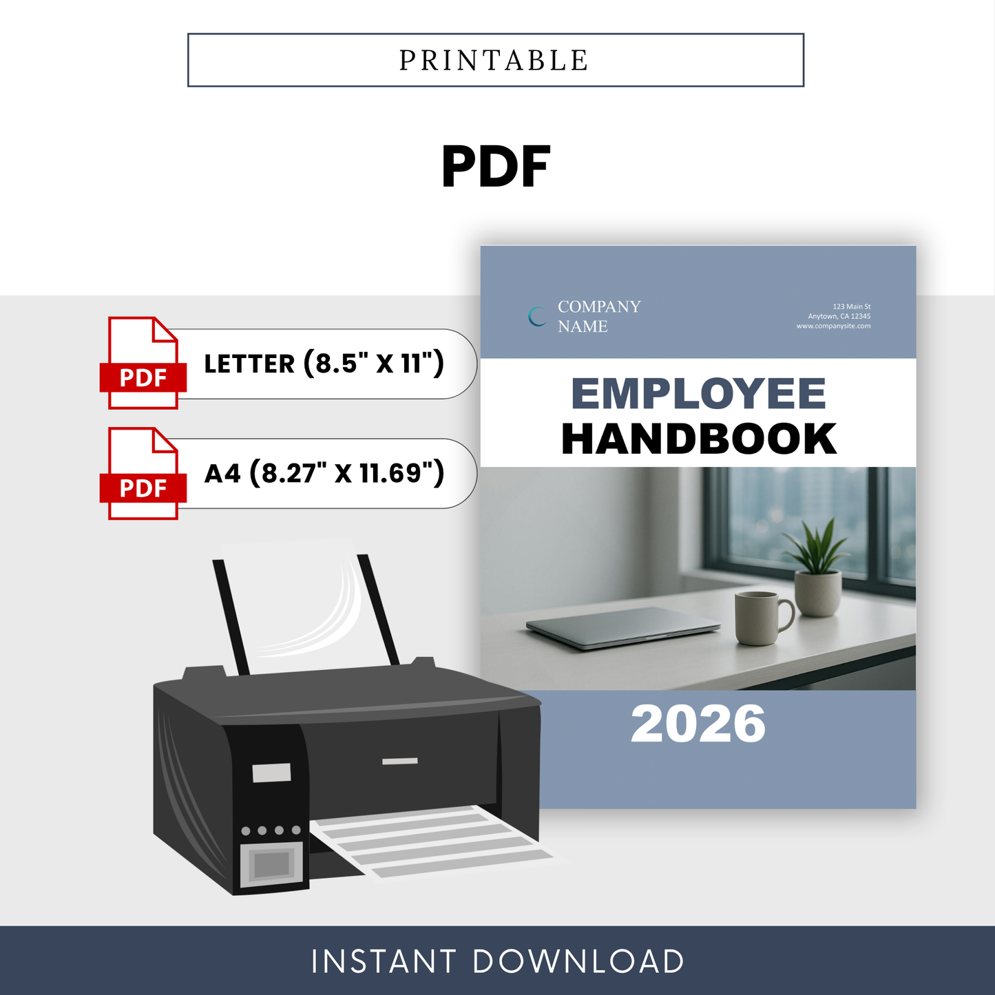 Printable employee handbook template in PDF format with letter and A4 sizes, ready-to-print corporate HR policy document