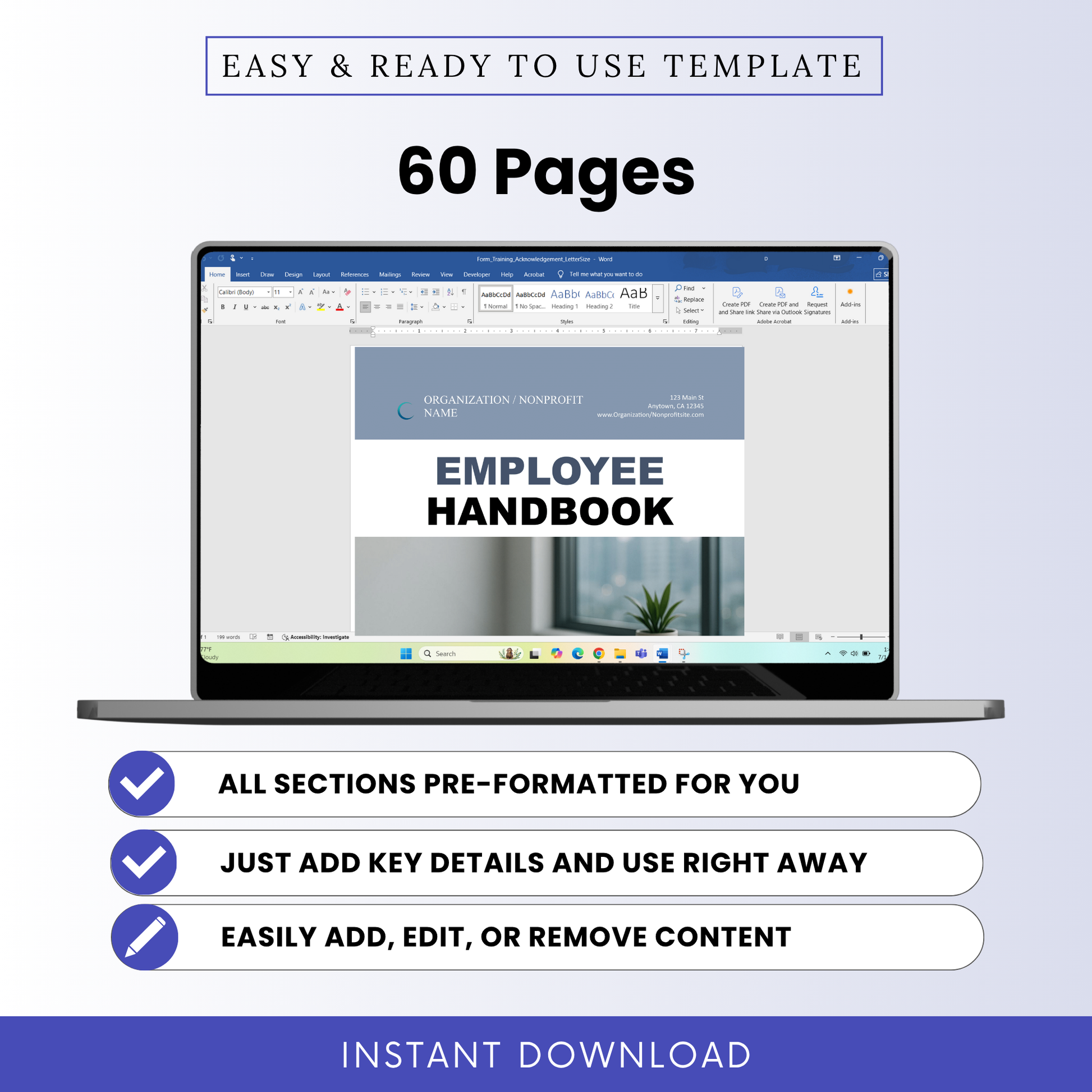 Complete 60-page nonprofit employee handbook template with all sections pre-formatted, ready for quick customization and immediate use
