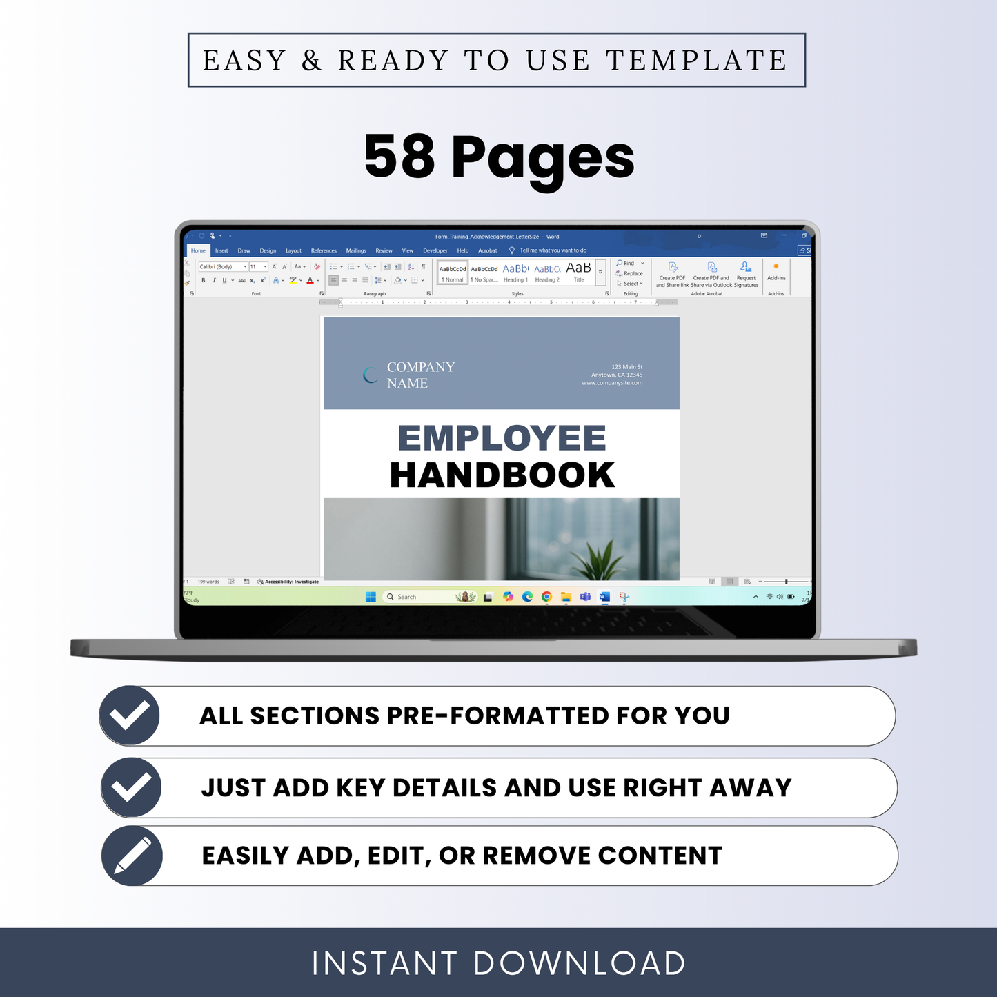 Complete 58-page employee handbook template preview with fully formatted sections, editable HR document for onboarding, policies, and company guidelines