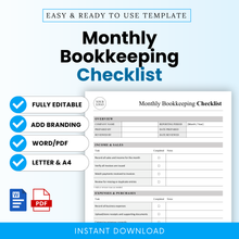 Monthly bookkeeping checklist template cover with clean minimalist design, editable Word and printable PDF, includes features like fully editable, add branding, US Letter and A4 sizes, ideal for small business accounting organization