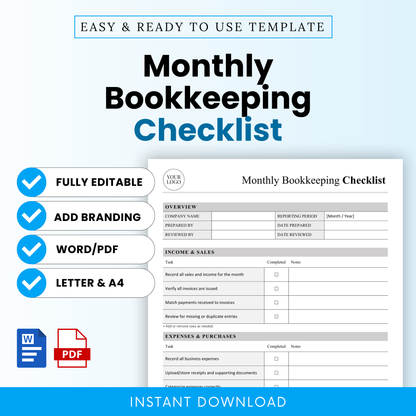 Monthly bookkeeping checklist template cover with clean minimalist design, editable Word and printable PDF, includes features like fully editable, add branding, US Letter and A4 sizes, ideal for small business accounting organization
