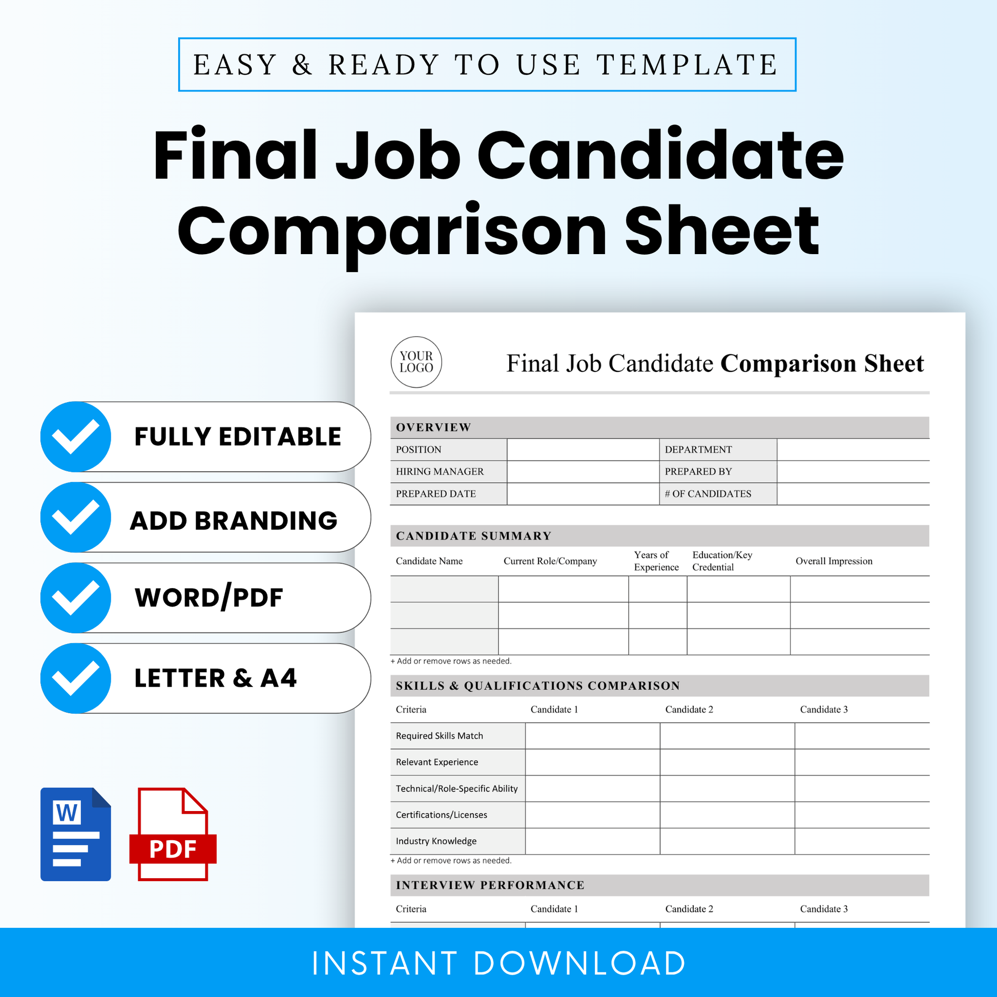 Final Job Candidate Comparison Sheet Template Word and Final Job Candidate Comparison Sheet Template PDF displayed on a clean, professional cover layout with key features like fully editable, Word/PDF formats, and Letter & A4 sizes. This simple Final Job Candidate Comparison Sheet Template is ideal for HR professionals, recruiters, and small business owners looking for an editable, printable business template for hiring decisions.