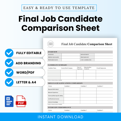 Final Job Candidate Comparison Sheet Template Word and Final Job Candidate Comparison Sheet Template PDF displayed on a clean, professional cover layout with key features like fully editable, Word/PDF formats, and Letter & A4 sizes. This simple Final Job Candidate Comparison Sheet Template is ideal for HR professionals, recruiters, and small business owners looking for an editable, printable business template for hiring decisions.