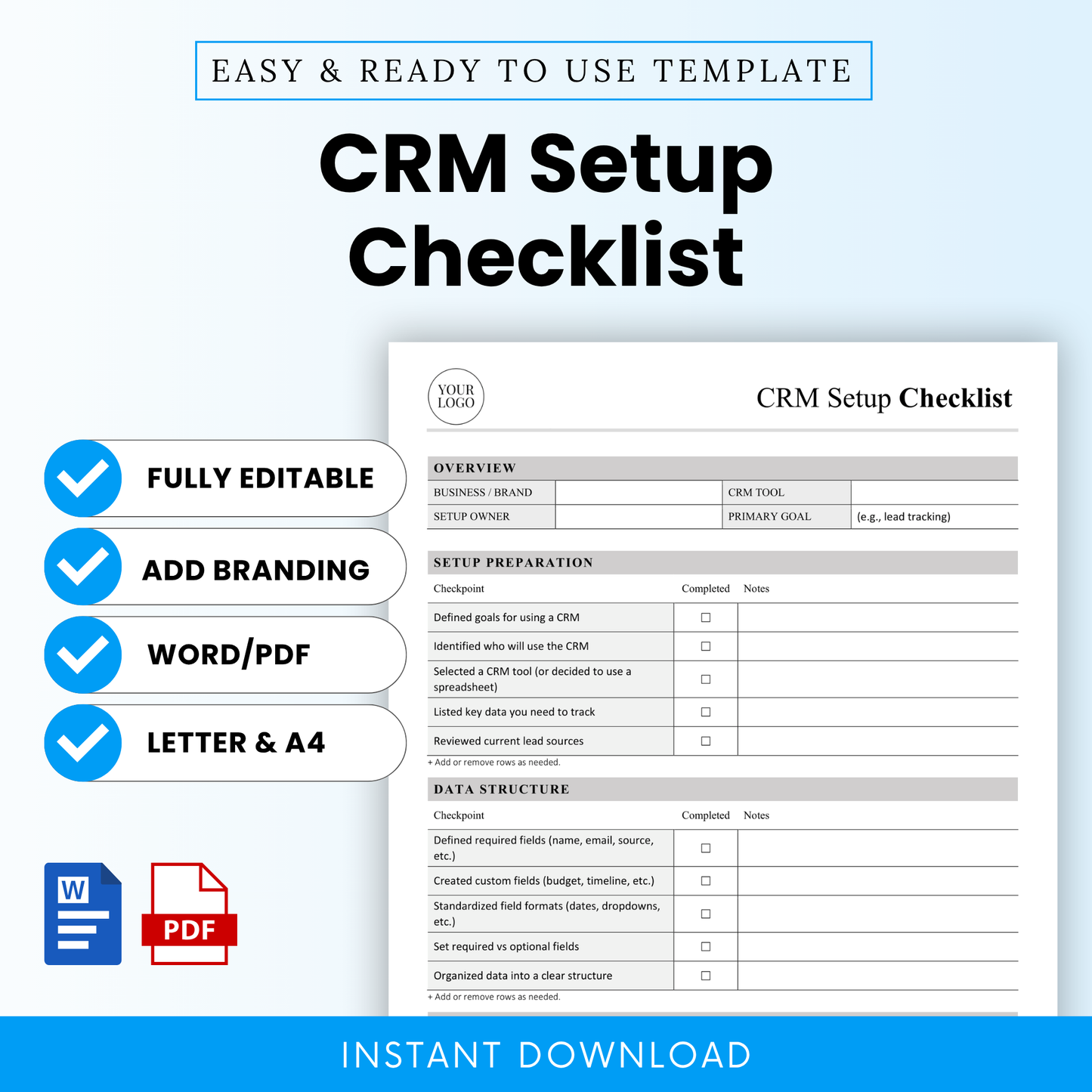 CRM Setup Checklist Template Word and CRM Setup Checklist Template PDF shown in a clean, modern layout with editable document preview. This simple CRM Setup Checklist Template is perfect for small business owners, teams, and managers looking for an organized, printable business template to streamline CRM setup and lead tracking.