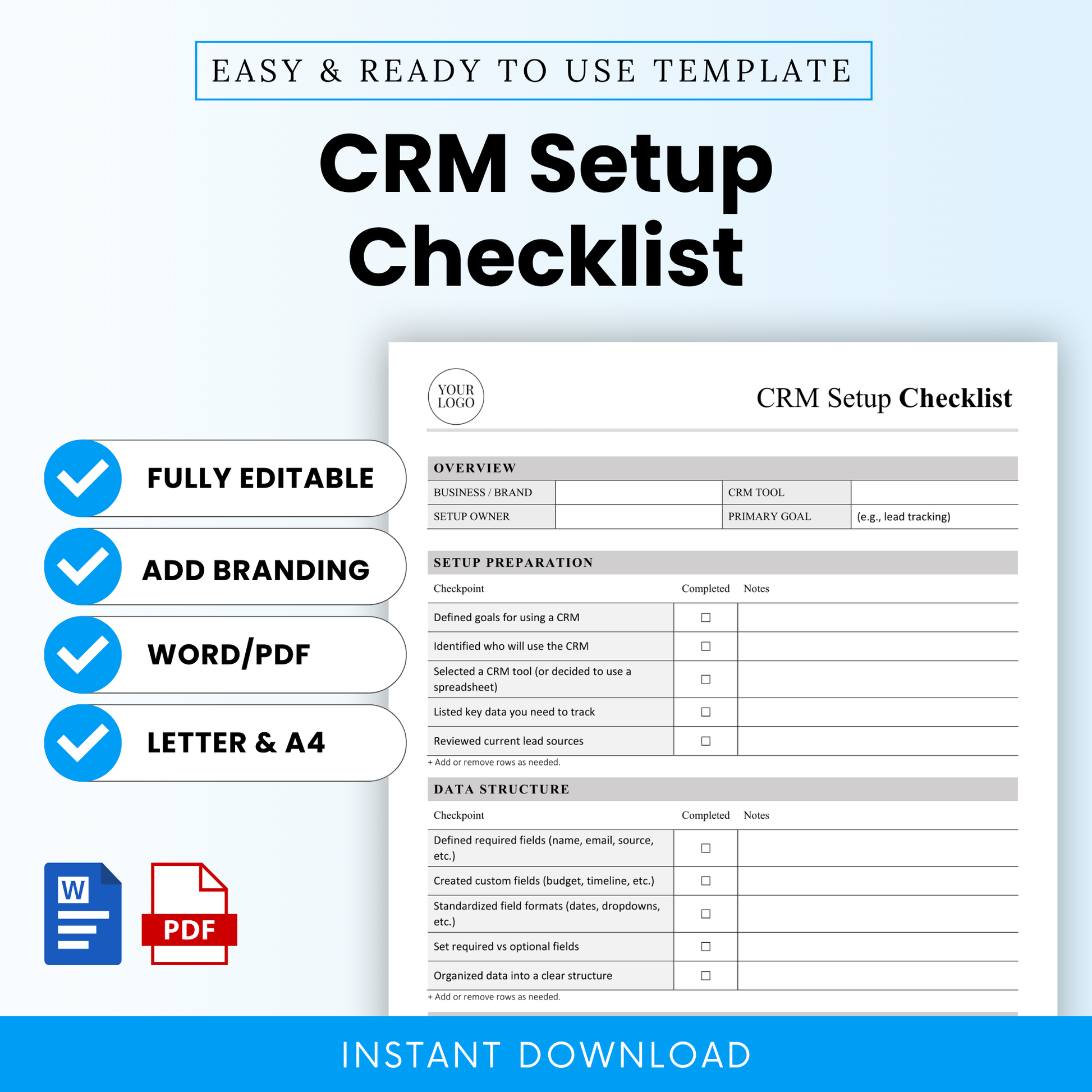 CRM Setup Checklist Template Word and CRM Setup Checklist Template PDF shown in a clean, modern layout with editable document preview. This simple CRM Setup Checklist Template is perfect for small business owners, teams, and managers looking for an organized, printable business template to streamline CRM setup and lead tracking.