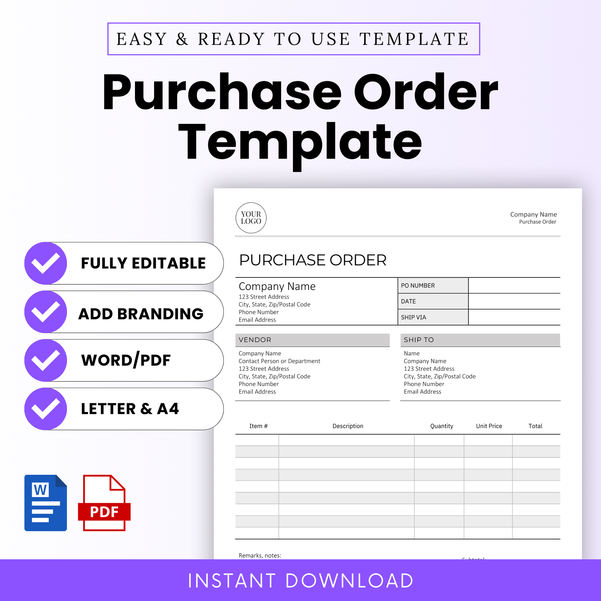 Purchase Order Template product image showcasing a clean, professional layout with fields for vendor info, PO number, itemized list, and shipping. Includes icons for Word and PDF, editable and printable in US Letter and A4 sizes.