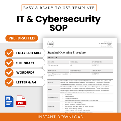 Professional cover image displaying key features of the IT & Cybersecurity SOP template including editable format, Word/PDF files, and US Letter & A4 sizing