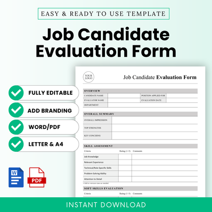 Job candidate evaluation form template in Word and PDF with editable hiring checklist and interview scorecard layout for HR and recruiters.