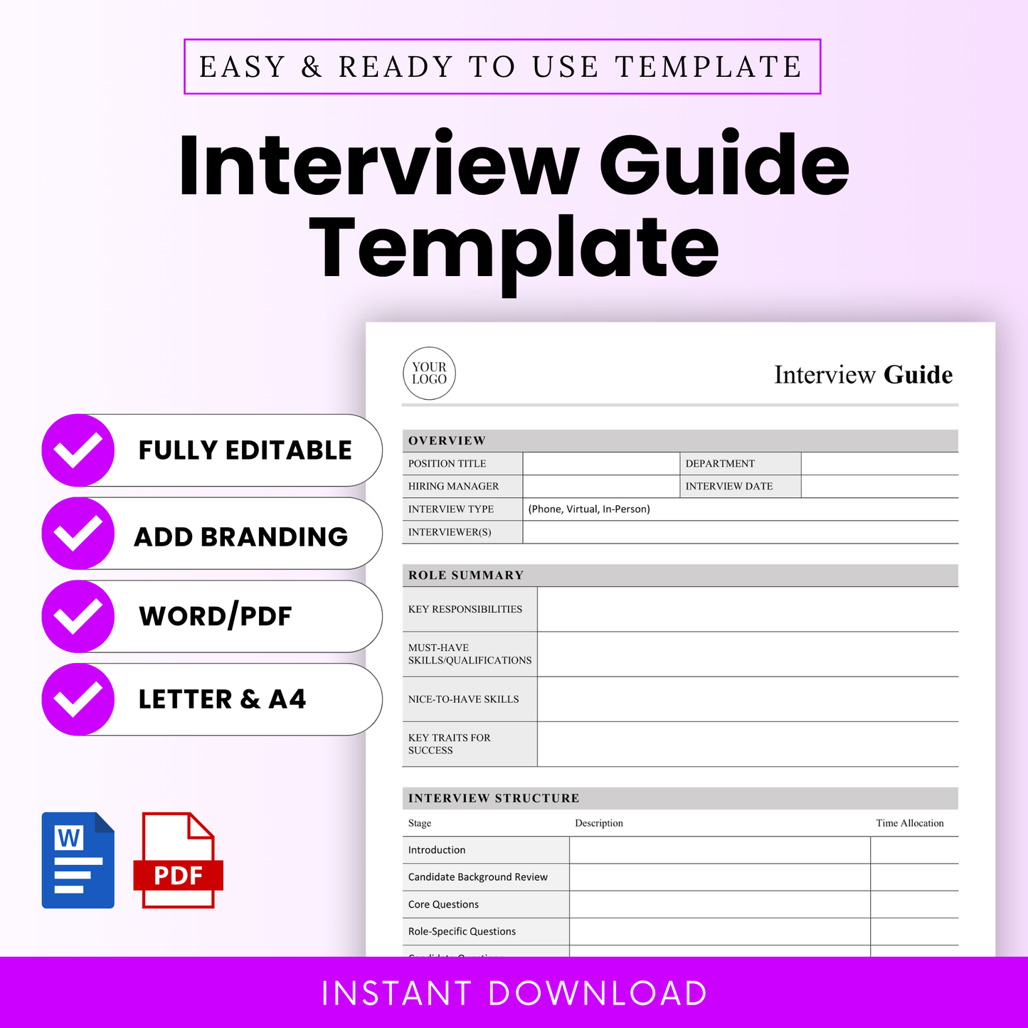 Interview guide template cover with modern purple design, editable hiring worksheet for HR managers, includes Word and PDF formats, instant download