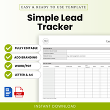 Simple Lead Tracker Template Word and Simple Lead Tracker Template PDF shown in a clean, modern layout with key features like fully editable, add branding, and printable formats. This editable business template is ideal for small business owners and sales teams looking to organize leads and streamline their CRM workflow.