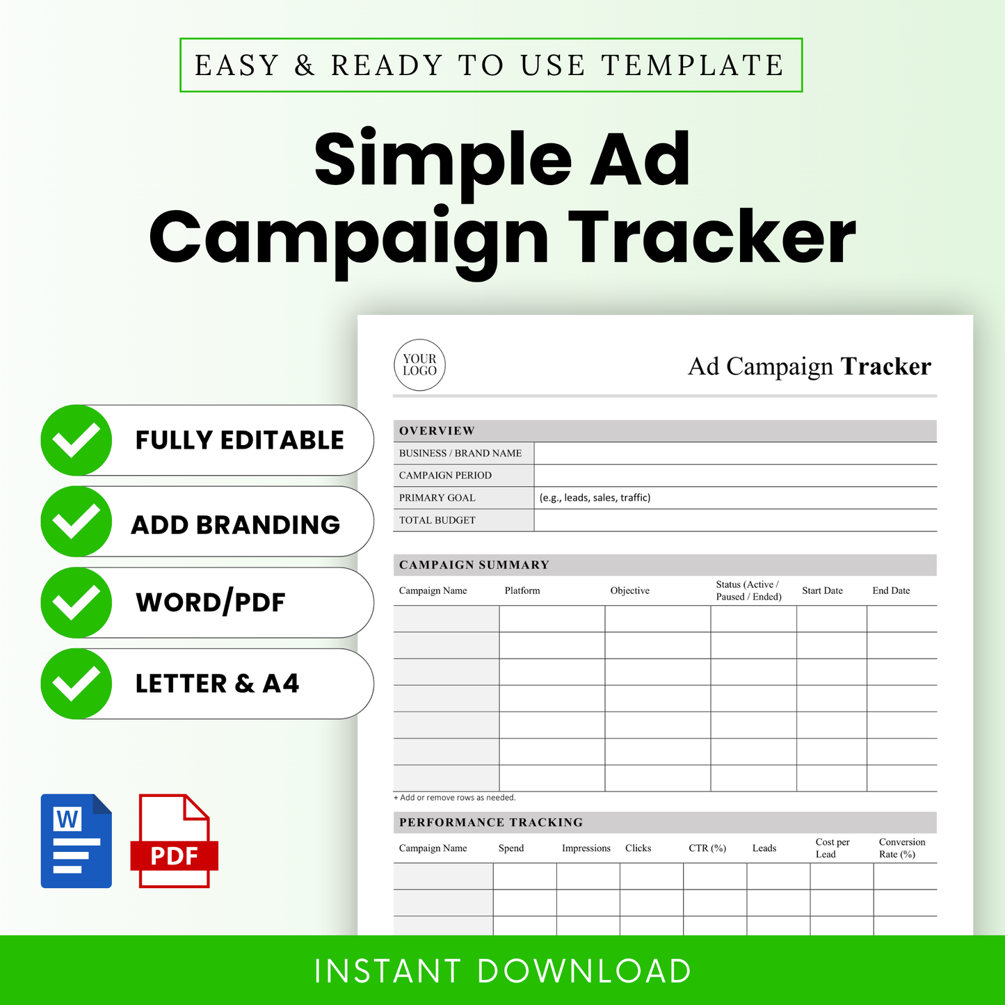 Simple Ad Campaign Tracker Template Word and Ad Campaign Tracker Template PDF shown in a clean, minimal layout with editable sections. This printable business template is ideal for marketers, small business owners, and teams tracking ad performance, budgets, and campaign results.