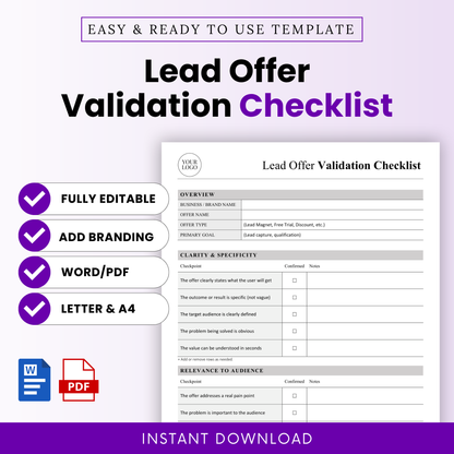 Lead Offer Validation Checklist Template Word and Lead Offer Validation Checklist Template PDF displayed in a clean, modern layout with bold typography and preview of the checklist pages. This simple Lead Offer Validation Checklist template is fully editable and printable, ideal for marketers, small business owners, and entrepreneurs validating lead magnets and improving conversion strategies.