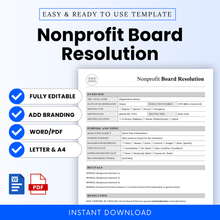 Nonprofit board resolution template editable Word and PDF, clean professional layout with sections for overview, meeting details, purpose, recitals, and resolution, instant download