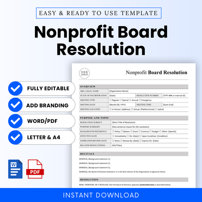 Nonprofit board resolution template editable Word and PDF, clean professional layout with sections for overview, meeting details, purpose, recitals, and resolution, instant download