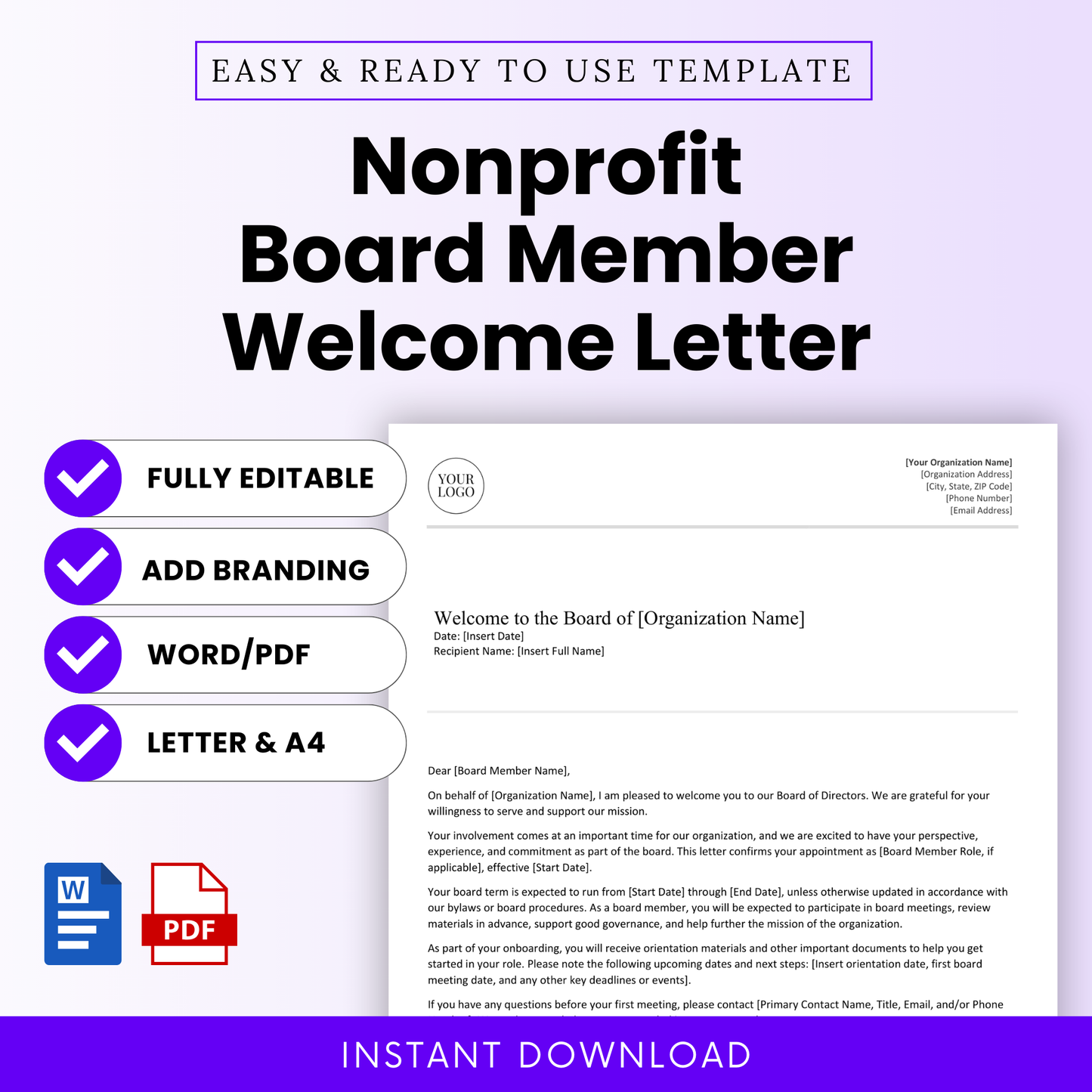 Editable nonprofit board member welcome letter template listing image featuring a modern one-page letter preview, fully editable Microsoft Word and printable PDF formats, US Letter and A4 sizes, branding-ready layout, and instant digital download for nonprofit organizations