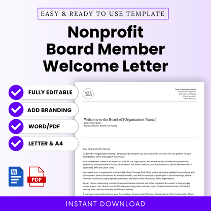 Editable nonprofit board member welcome letter template listing image featuring a modern one-page letter preview, fully editable Microsoft Word and printable PDF formats, US Letter and A4 sizes, branding-ready layout, and instant digital download for nonprofit organizations