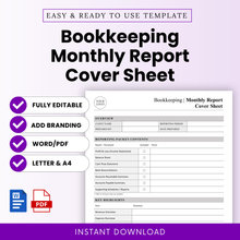 Bookkeeping monthly report cover sheet template preview with clean minimalist layout, editable financial report document, professional accounting cover page design, Word and PDF format, small business bookkeeping template