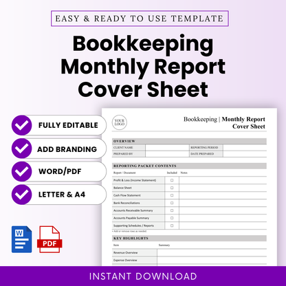 Bookkeeping monthly report cover sheet template preview with clean minimalist layout, editable financial report document, professional accounting cover page design, Word and PDF format, small business bookkeeping template