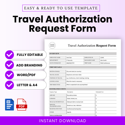 Travel authorization request form template preview with clean minimalist layout, editable business travel form, includes employee details, trip information, estimated costs, and approval sections for corporate use