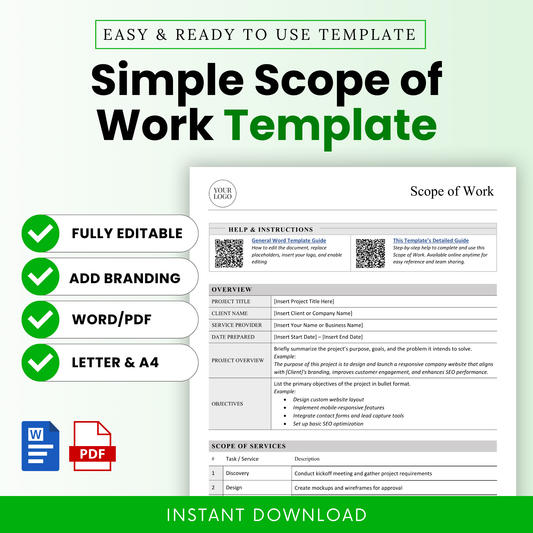 Simple scope of work template with clean minimalist design for freelancers and businesses, featuring Word and PDF formats for professional project proposals