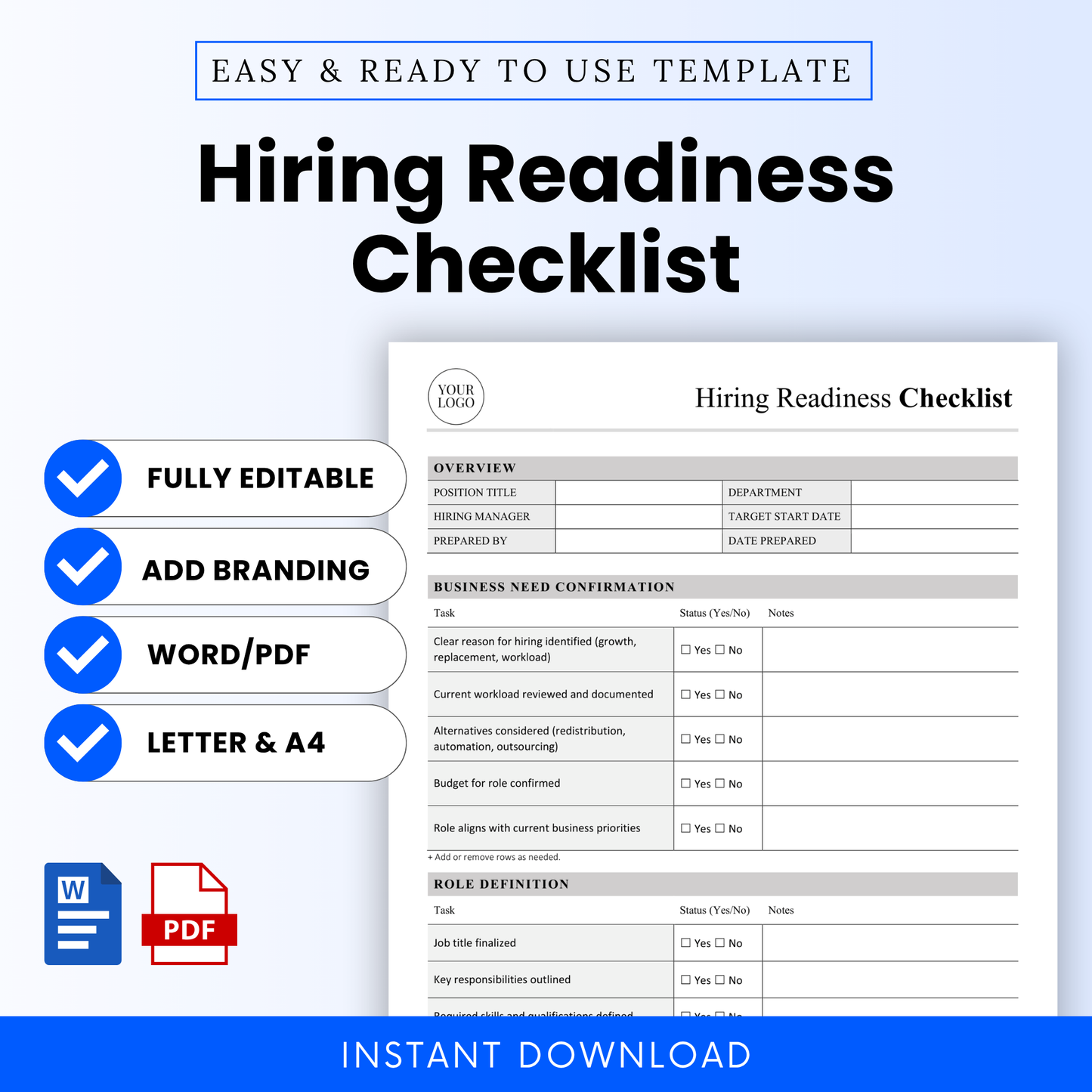 Hiring readiness checklist template preview with editable HR document layout, Word and PDF formats, hiring workflow planner for small business recruitment