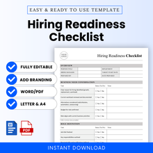 Hiring readiness checklist template preview with editable HR document layout, Word and PDF formats, hiring workflow planner for small business recruitment