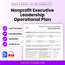 Nonprofit executive leadership operational plan template with editable Word and PDF formats, clean minimalist layout, letter and A4 sizes, instant download for nonprofit planning and governance