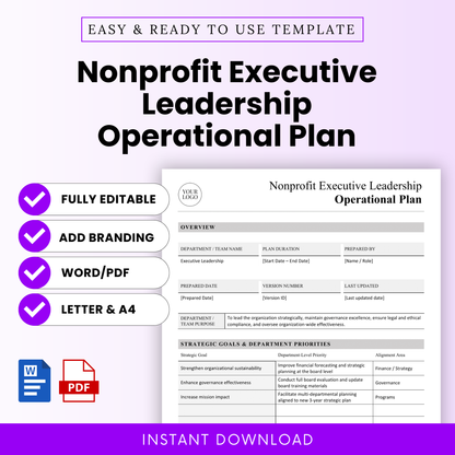 Nonprofit executive leadership operational plan template with editable Word and PDF formats, clean minimalist layout, letter and A4 sizes, instant download for nonprofit planning and governance