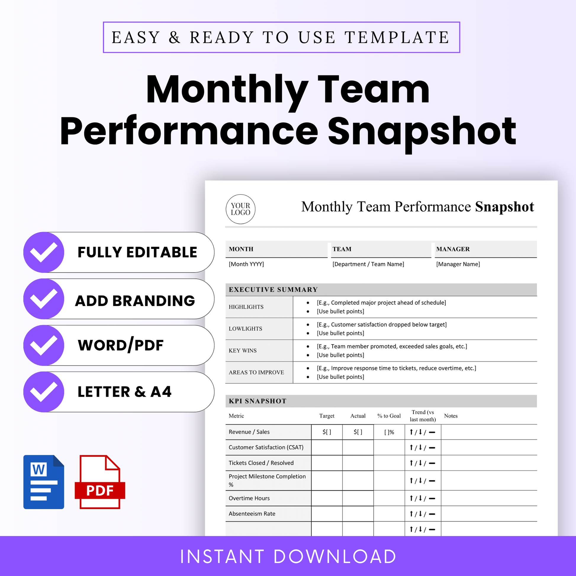 Monthly team performance report template with KPI dashboard, executive summary, editable Word and printable PDF, professional business reporting layout, team metrics tracker, leadership reporting tool