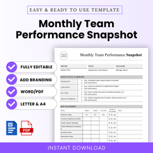 Monthly team performance report template with KPI dashboard, executive summary, editable Word and printable PDF, professional business reporting layout, team metrics tracker, leadership reporting tool