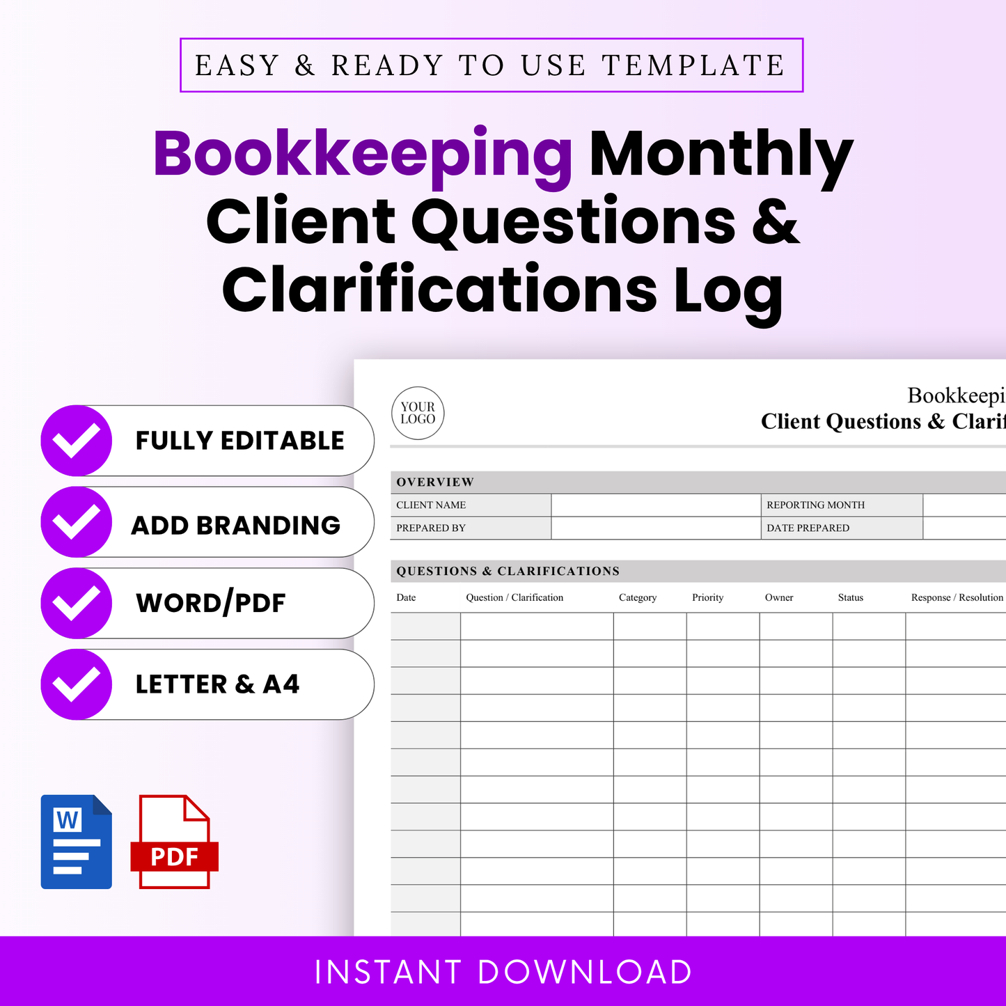 Bookkeeping monthly client questions and clarifications log template with purple accents, editable Word and printable PDF, client communication tracker for accountants and bookkeepers
